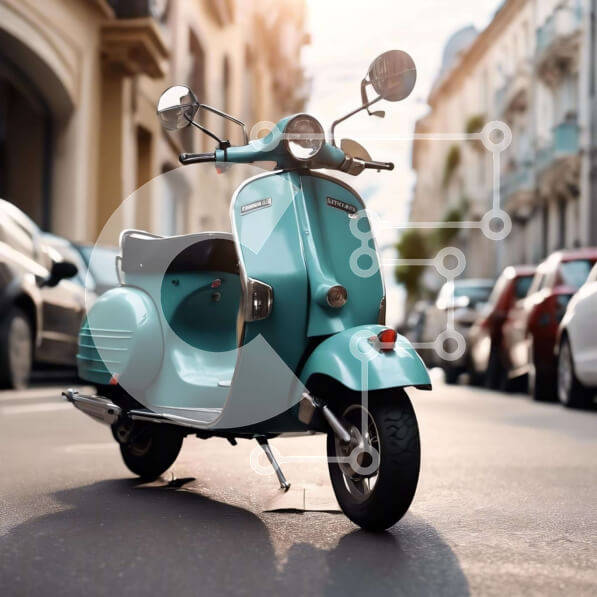 Intra Συλλεκτικό Ξύλινο Παζλ Plywood  4mm - Turquoise Motor Scooter παρκαρισμένο στην Urban Street Σε Ξύλινο Κουτί - Διαστάσεις Puzzle: 10x10 cm – 25 κομμάτια