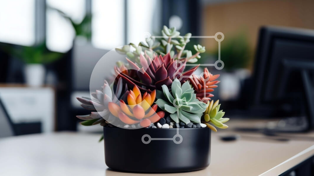 Intra Συλλεκτικό Ξύλινο Παζλ Plywood  4mm - Πολύχρωμα παχύφυτα σε μια μαύρη γλάστρα σε ένα γραφείο Σε Ξύλινο Κουτί - Διαστάσεις Puzzle: 10x10 cm – 25 κομμάτια