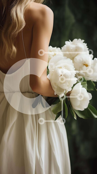 Intra Συλλεκτικό Ξύλινο Παζλ Plywood  4mm - Κομψή γυναίκα που κρατά μπουκέτο με λευκές παιώνιες Σε Ξύλινο Κουτί - Διαστάσεις Puzzle: 10x10 cm – 25 κομμάτια