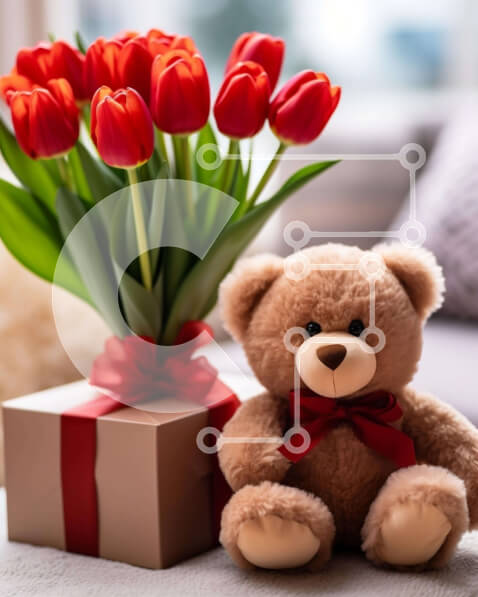 Intra Συλλεκτικό Ξύλινο Παζλ Plywood  4mm - Αρκουδάκι με κόκκινες τουλίπες σε τραπέζι Σε Ξύλινο Κουτί - Διαστάσεις: 10x10 cm – 25 κομμάτια