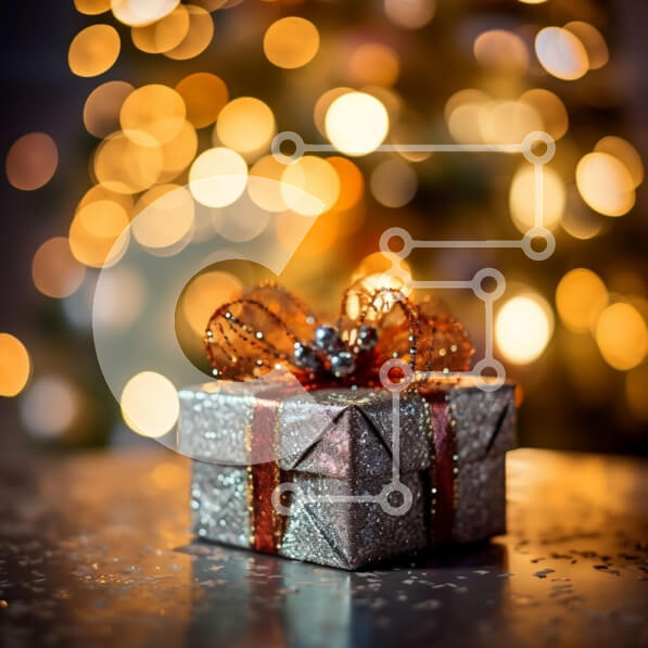 Intra Συλλεκτικό Ξύλινο Παζλ Plywood  4mm - Όμορφη εικόνα ενός ασημένιου κουτιού δώρου με φιόγκο στο τραπέζι μπροστά από το χριστουγεννιάτικο δέντρο Σε Ξύλινο Κουτί - Διαστάσεις: 10x10 cm – 25 κομμάτια