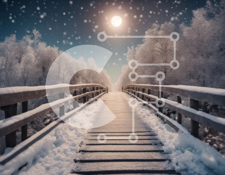 Intra Συλλεκτικό Ξύλινο Παζλ Plywood  4mm - Χιονισμένο δάσος με την ξύλινη γέφυρα τη νύχτα Σε Ξύλινο Κουτί - Διαστάσεις: 10x10 cm – 25 κομμάτια