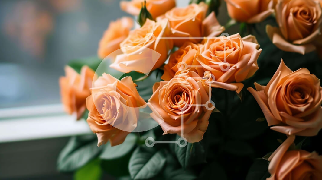 Intra Συλλεκτικό Ξύλινο Παζλ Plywood  4mm - Μπουκέτο με πορτοκαλί τριαντάφυλλα μπροστά από το ανοιχτό παράθυρο Σε Ξύλινο Κουτί - Διαστάσεις: 10x10 cm – 25 κομμάτια