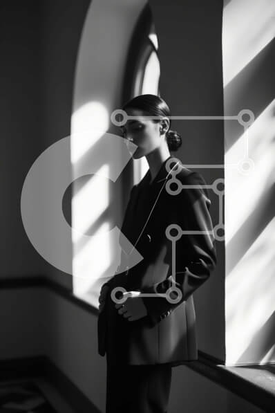 Intra Συλλεκτικό Ξύλινο Παζλ Plywood  4mm - Κομψή γυναίκα στα ασπρόμαυρα που στέκεται δίπλα στο αψιδωτό παράθυρο Σε Ξύλινο Κουτί - Διαστάσεις Puzzle: 10x10 cm – 25 κομμάτια