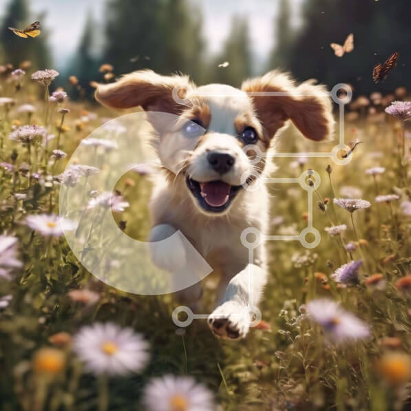 Intra Συλλεκτικό Ξύλινο Παζλ Plywood  4mm - Ευτυχισμένο κουτάβι που τρέχει στο πεδίο λουλουδιών με πεταλούδες Σε Ξύλινο Κουτί - Διαστάσεις: 10x10 cm – 25 κομμάτια