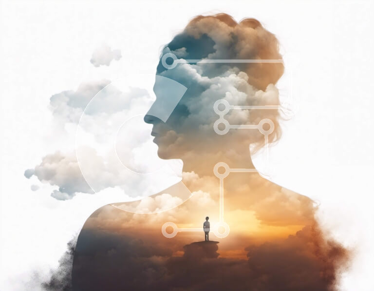 Intra Συλλεκτικό Ξύλινο Παζλ Plywood  4mm - Γυναίκα που στέκεται στην κορυφή του βουνού με το κεφάλι στα σύννεφα Σε Ξύλινο Κουτί - Διαστάσεις: 10x10 cm – 25 κομμάτια