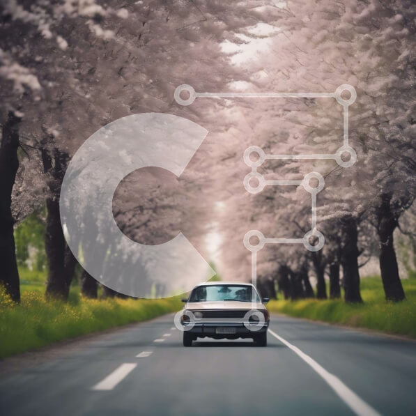 Intra Συλλεκτικό Ξύλινο Παζλ Plywood  4mm - Αυτοκίνητο που οδηγεί στον δρόμο γεμάτο με ανθισμένα δέντρα κερασιάς Σε Ξύλινο Κουτί - Διαστάσεις Puzzle: 10x10 cm – 25 κομμάτια