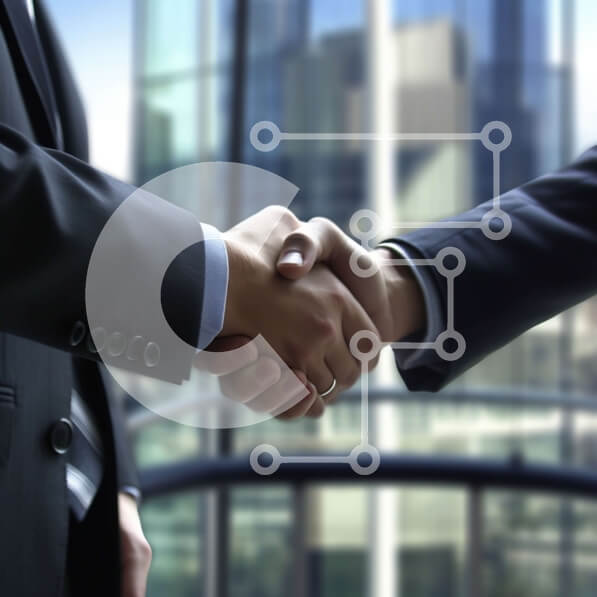 Intra Συλλεκτικό Ξύλινο Παζλ Plywood  4mm - Επαγγελματική εικόνα επιχειρηματιών που κάνουν χειραψία με σύγχρονο ορίζοντα πόλεων στο παρασκήνιο Σε Ξύλινο Κουτί - Διαστάσεις Puzzle: 10x10 cm – 25 κομμάτια