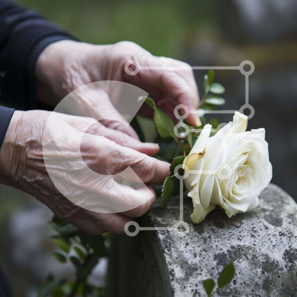 Intra Συλλεκτικό Ξύλινο Παζλ Plywood  4mm - Ηλικιωμένο άτομο που δένει ένα λευκό τριαντάφυλλο σε μια ταφόπλακα Σε Ξύλινο Κουτί - Διαστάσεις Puzzle: 10x10 cm – 25 κομμάτια