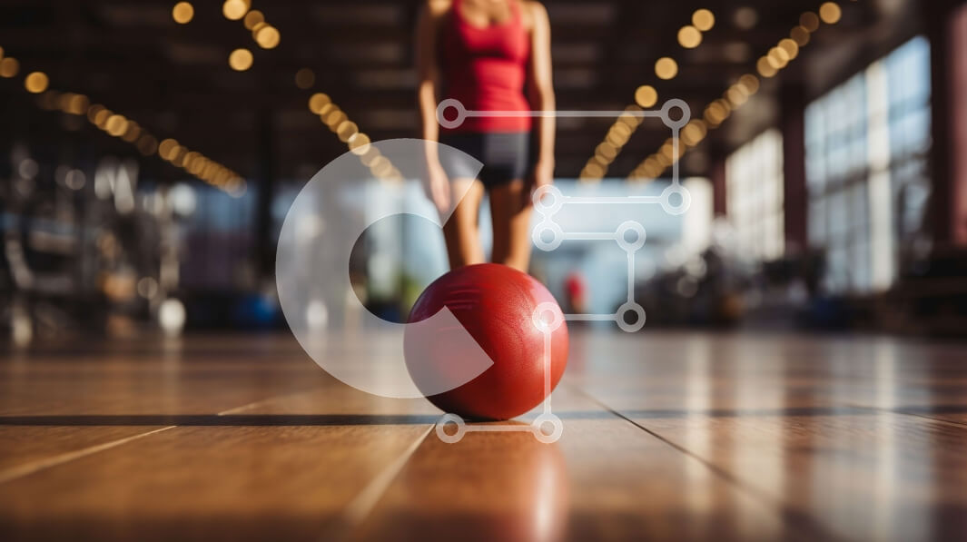 Intra Συλλεκτικό Ξύλινο Παζλ Plywood  4mm - Γυναίκα γυμναστικής που προπονείται στο γυμναστήριο στην κόκκινη μπάλα Σε Ξύλινο Κουτί - Διαστάσεις Puzzle: 10x10 cm – 25 κομμάτια