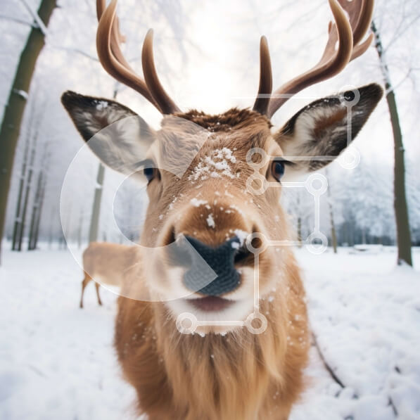 Intra Συλλεκτικό Ξύλινο Παζλ Plywood  4mm - Κοντινό πλάνο του προσώπου ενός ελαφιού με μεγάλα κέρατα σε ένα χιονισμένο δάσος Σε Ξύλινο Κουτί - Διαστάσεις: 10x10 cm – 25 κομμάτια