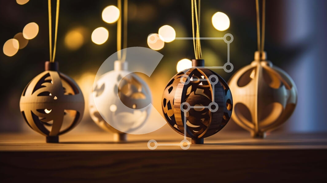 Intra Συλλεκτικό Ξύλινο Παζλ Plywood  4mm - Ξύλινα χριστουγεννιάτικα στολίδια που κρέμονται από κορδόνια μπροστά από ένα φωτισμένο δέντρο Σε Ξύλινο Κουτί - Διαστάσεις: 10x10 cm – 25 κομμάτια