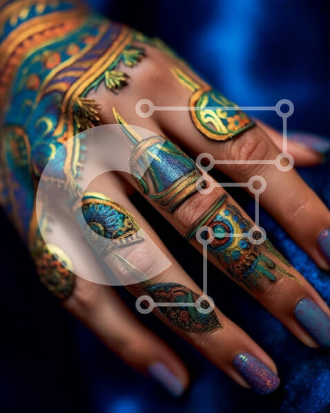 Intra Συλλεκτικό Ξύλινο Παζλ Plywood  4mm - Περίπλοκα σχέδια χέννας σε γυναικείο χέρι σε μπλε, πράσινο και χρυσό Σε Ξύλινο Κουτί - Διαστάσεις Puzzle: 10x10 cm – 25 κομμάτια