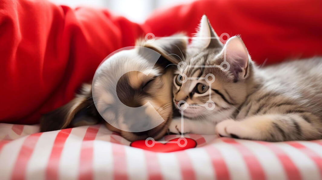 Σετ των 2 Intra Συλλεκτικό Ξύλινο Παζλ Plywood  4mm - Γάτα και σκύλος στριμώχνονται μαζί στο κρεβάτι με μαξιλάρι σε σχήμα καρδιάς Σε Ξύλινο Κουτί - Διαστάσεις: 10x10 cm – 25 κομμάτια