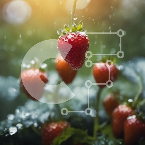 Intra Συλλεκτικό Ξύλινο Παζλ Plywood  4mm - Ώριμες κόκκινες φράουλες σε μια άμπελο με σταγονίδια νερού Σε Ξύλινο Κουτί - Διαστάσεις: 10x10 cm – 25 κομμάτια