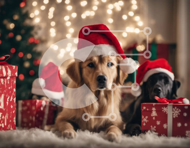 Σετ των 2 Intra Συλλεκτικό Ξύλινο Παζλ Plywood  4mm - Τρία σκυλιά που φορούν καπέλα Άγιου Βασίλη με δώρα σε μια κουβέρτα Σε Ξύλινο Κουτί - Διαστάσεις: 10x10 cm – 25 κομμάτια