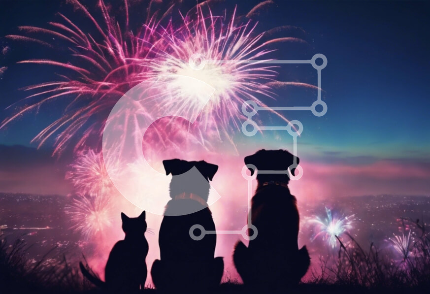 Σετ των 2 Intra Συλλεκτικό Ξύλινο Παζλ Plywood  4mm - Σκύλοι και γάτες βλέπουν πυροτεχνήματα στο γρασίδι τη νύχτα Σε Ξύλινο Κουτί - Διαστάσεις: 10x10 cm – 25 κομμάτια