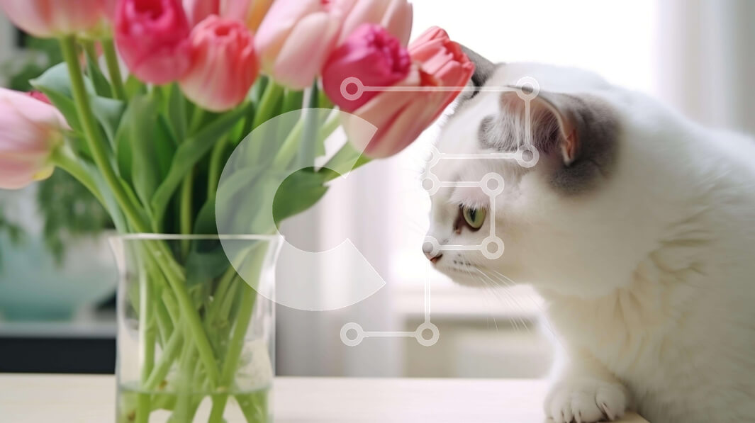 Intra Συλλεκτικό Ξύλινο Παζλ Plywood  4mm - Περίεργη λευκή γάτα που κοιτάζει τις ροζ τουλίπες σε ένα βάζο Σε Ξύλινο Κουτί - Διαστάσεις: 10x10 cm – 25 κομμάτια