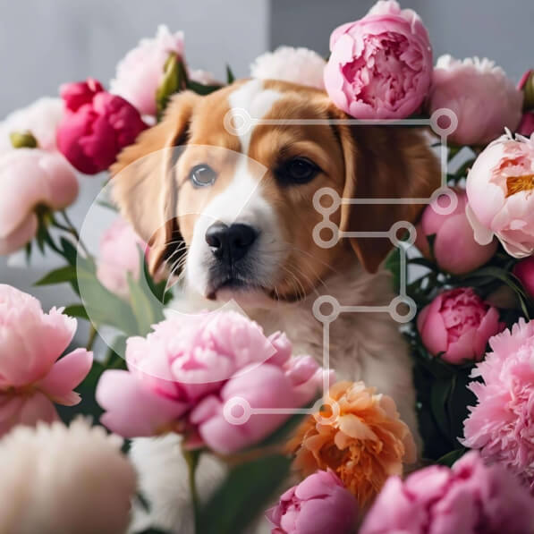 Intra Συλλεκτικό Ξύλινο Παζλ Plywood  4mm - Σκύλος που περιβάλλεται από ροζ παιώνιες Σε Ξύλινο Κουτί - Διαστάσεις: 10x10 cm – 25 κομμάτια