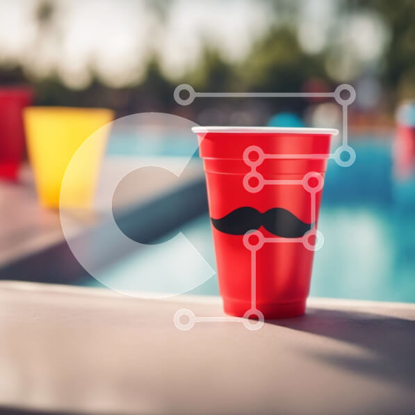 Intra Συλλεκτικό Ξύλινο Παζλ Plywood  4mm - Κόκκινο πλαστικό κύπελλο με σχέδιο μουστάκι δίπλα στην πισίνα Σε Ξύλινο Κουτί - Διαστάσεις Puzzle: 10x10 cm – 25 κομμάτια