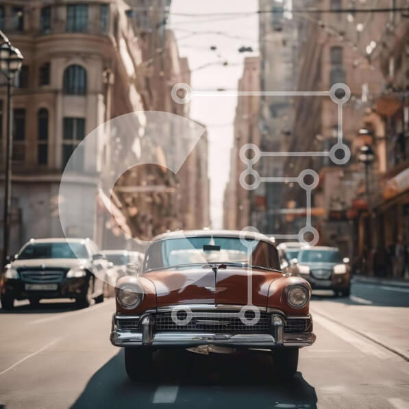 Intra Συλλεκτικό Ξύλινο Παζλ Plywood  4mm - Vintage κόκκινο αυτοκίνητο στην καρδιά της πόλης Σε Ξύλινο Κουτί - Διαστάσεις Puzzle: 10x10 cm – 25 κομμάτια