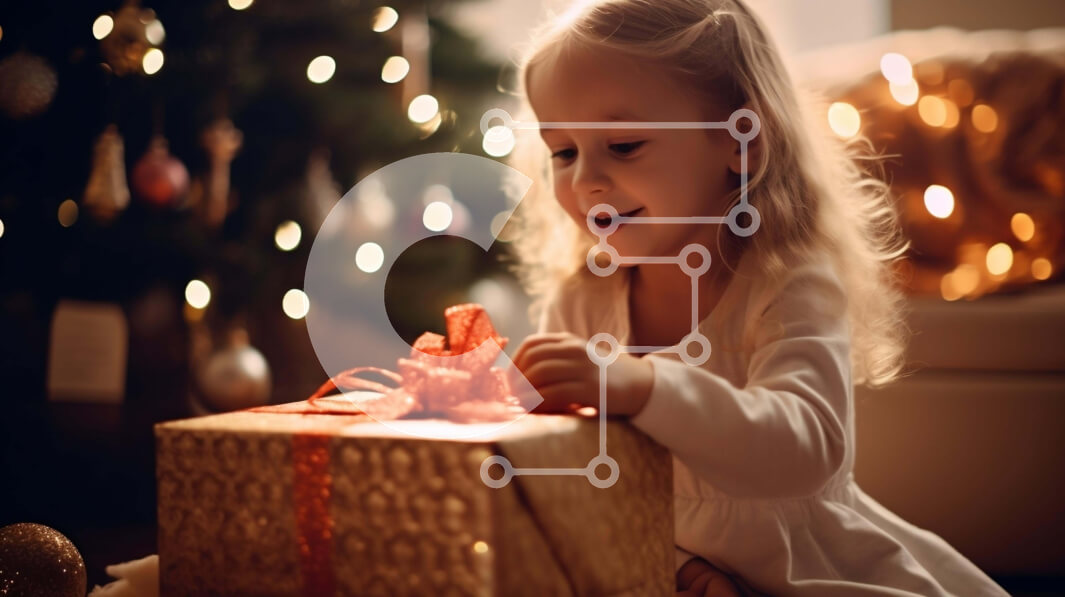 Intra Συλλεκτικό Ξύλινο Παζλ Plywood  4mm - Νεαρό κορίτσι που ανοίγει ένα χριστουγεννιάτικο δώρο μπροστά από ένα στολισμένο δέντρο Σε Ξύλινο Κουτί - Διαστάσεις: 10x10 cm – 25 κομμάτια