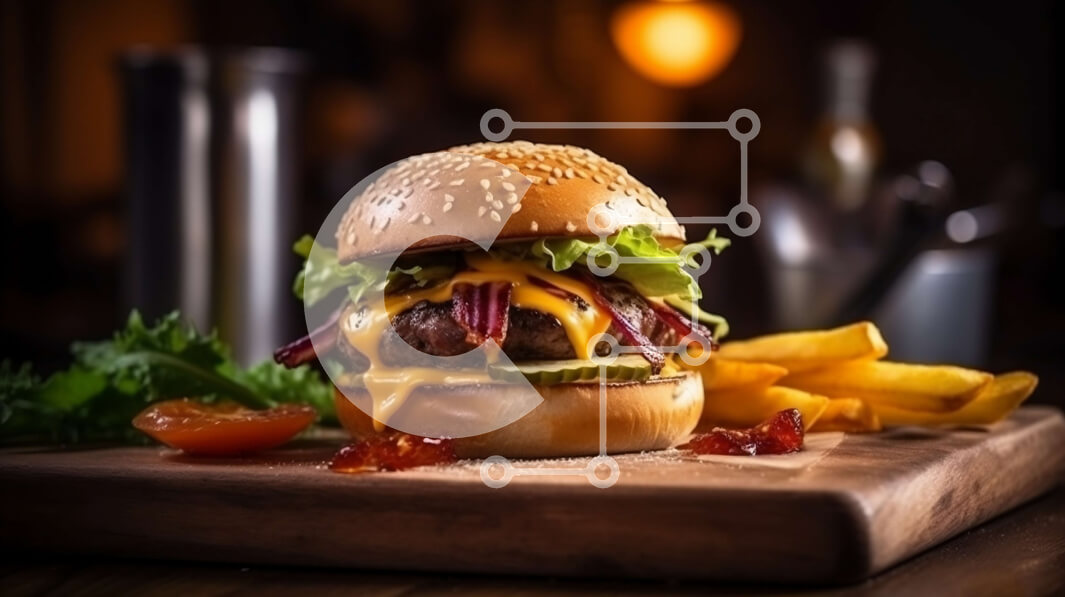 Σετ των 2 Intra Συλλεκτικό Ξύλινο Παζλ Plywood  4mm - Νόστιμο Cheeseburger με φρέσκο ​​μαρούλι, ντομάτα και τραγανές τηγανιτές πατάτες σε ξύλινη σανίδα Σε Ξύλινο Κουτί - Διαστάσεις: 10x10 cm – 25 κομμάτια