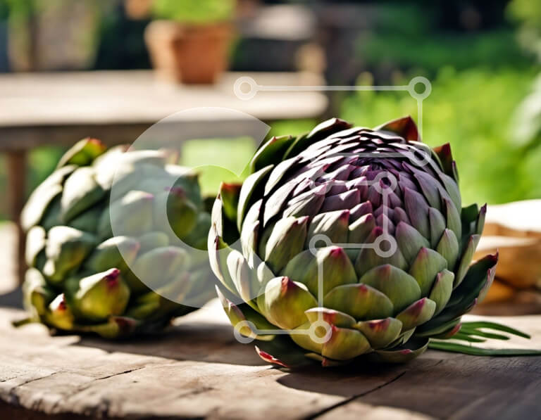 Σετ των 2 Intra Συλλεκτικό Ξύλινο Παζλ Plywood  4mm - Φρέσκες αγκινάρες σε ξύλινο τραπέζι με πράσινο φόντο Σε Ξύλινο Κουτί - Διαστάσεις: 10x10 cm – 25 κομμάτια