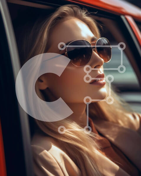 Intra Συλλεκτικό Ξύλινο Παζλ Plywood  4mm - Κομψή ξανθιά γυναίκα με γυαλιά ηλίου που γέρνει έξω από ένα πορτοκαλί αυτοκίνητο Σε Ξύλινο Κουτί - Διαστάσεις Puzzle: 10x10 cm – 25 κομμάτια