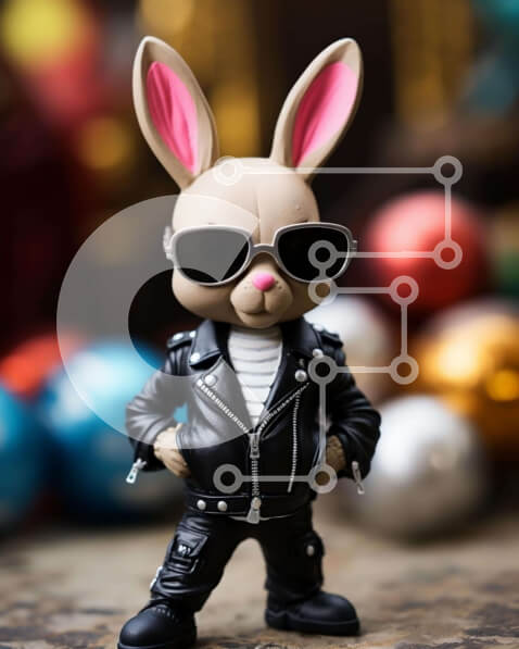 Intra Συλλεκτικό Ξύλινο Παζλ Plywood  4mm - Toy Bunny με μαύρο δερμάτινο μπουφάν και γυαλιά ηλίου με πολύχρωμες μπάλες και μπαλόνια Σε Ξύλινο Κουτί - Διαστάσεις: 10x10 cm – 25 κομμάτια