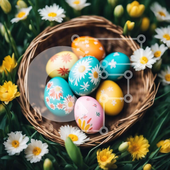 Intra Συλλεκτικό Ξύλινο Παζλ Plywood  4mm - Πολύχρωμα βαμμένα Πασχαλινά αυγά και μαργαρίτες στο καλάθι με χόρτο Σε Ξύλινο Κουτί - Διαστάσεις: 10x10 cm – 25 κομμάτια