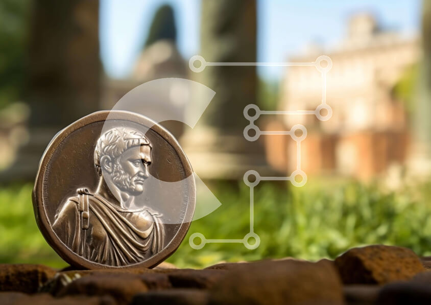 Intra Συλλεκτικό Ξύλινο Παζλ Plywood  4mm - Χάλκινο νόμισμα Ιουλίου Καίσαρα στο αρχαίο κτίριο Σε Ξύλινο Κουτί - Διαστάσεις Puzzle: 10x10 cm – 25 κομμάτια