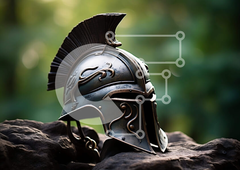 Intra Συλλεκτικό Ξύλινο Παζλ Plywood  4mm - Αρχαίο σπαρτιατικό κράνος στο βράχο Σε Ξύλινο Κουτί - Διαστάσεις Puzzle: 10x10 cm – 25 κομμάτια