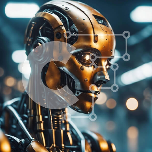 Intra Συλλεκτικό Ξύλινο Παζλ Plywood  4mm - Κοντινό πλάνο χρυσού μεταλλικού προσώπου ρομπότ Σε Ξύλινο Κουτί - Διαστάσεις Puzzle: 10x10 cm – 25 κομμάτια