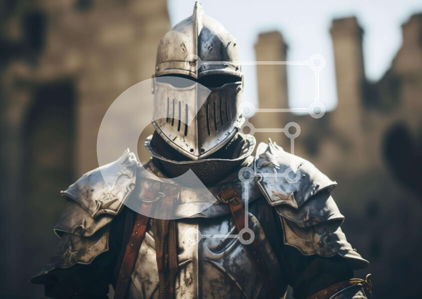 Intra Συλλεκτικό Ξύλινο Παζλ Plywood  4mm - Μεσαιωνικός ιππότης με πανοπλία που στέκεται μπροστά από το παλιό κάστρο Σε Ξύλινο Κουτί - Διαστάσεις Puzzle: 10x10 cm – 25 κομμάτια