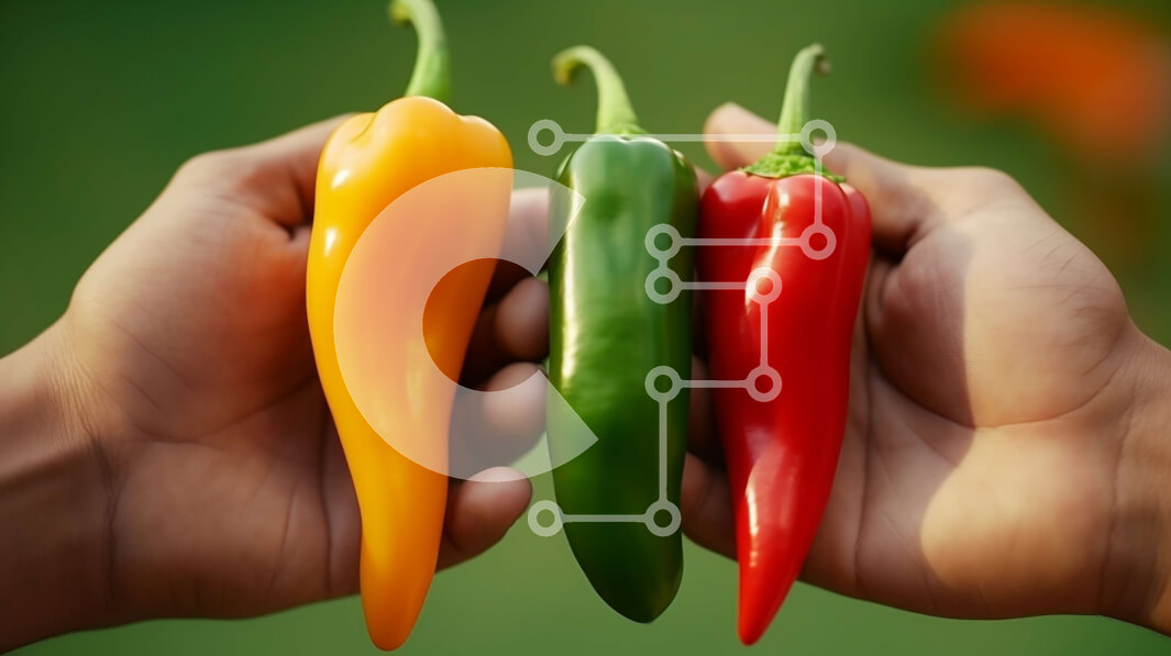 Σετ των 2 Intra Συλλεκτικό Ξύλινο Παζλ Plywood  4mm - Χέρια που κρατούν τρεις πιπεριές τσίλι: κόκκινο, κίτρινο και πράσινο Σε Ξύλινο Κουτί - Διαστάσεις: 10x10 cm – 25 κομμάτια