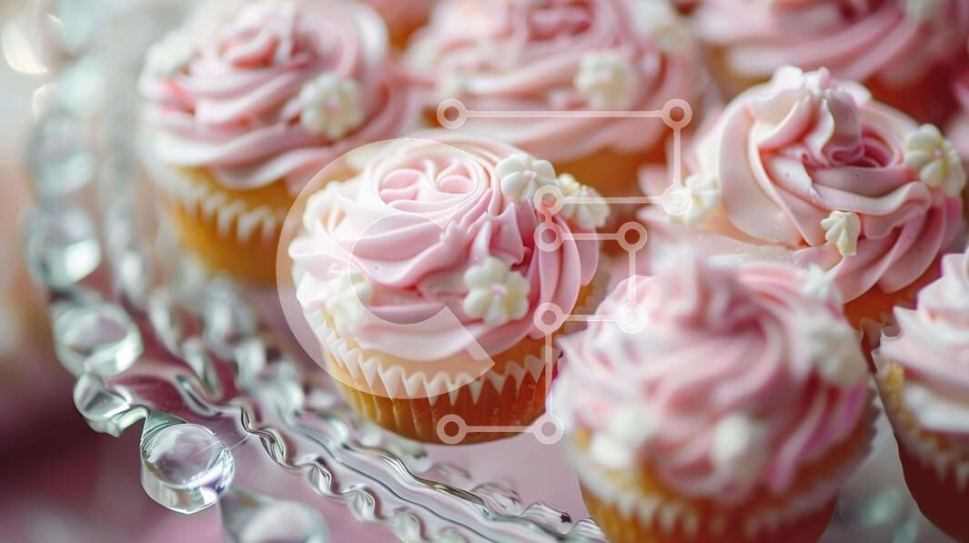 Σετ των 2 Intra Συλλεκτικό Ξύλινο Παζλ Plywood  4mm - Ροζ cupcakes με λευκό παγωμένο και λουλούδια σε διάφανο γυάλινο πιάτο Σε Ξύλινο Κουτί - Διαστάσεις: 10x10 cm – 25 κομμάτια
