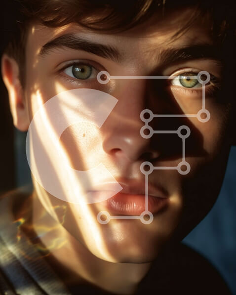 Intra Συλλεκτικό Ξύλινο Παζλ Plywood  4mm - Σοβαρός νεαρός άνδρας με λαμπερά πράσινα μάτια με γκρι πουλόβερ Σε Ξύλινο Κουτί - Διαστάσεις Puzzle: 10x10 cm – 25 κομμάτια