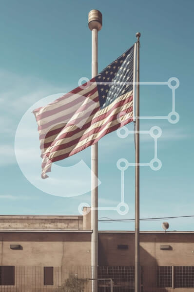 Intra Συλλεκτικό Ξύλινο Παζλ Plywood  4mm - Αμερικανική σημαία που κυματίζει στον άνεμο μπροστά από ένα κτίριο Σε Ξύλινο Κουτί - Διαστάσεις Puzzle: 10x10 cm – 25 κομμάτια