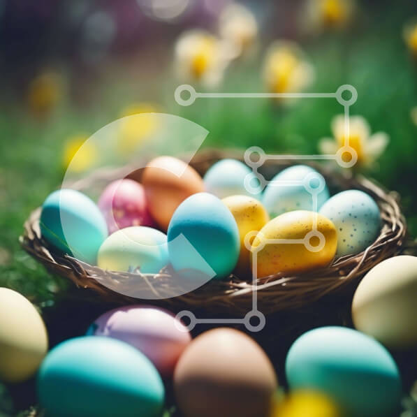 Intra Συλλεκτικό Ξύλινο Παζλ Plywood  4mm - Πολύχρωμα Πασχαλινά αυγά και Νάρκισσοι στο καλάθι χόρτου Σε Ξύλινο Κουτί - Διαστάσεις: 10x10 cm – 25 κομμάτια