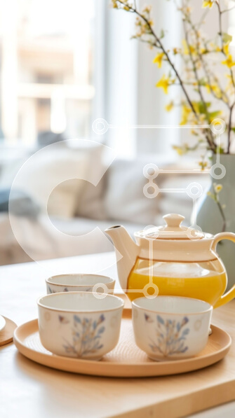 Intra Συλλεκτικό Ξύλινο Παζλ Plywood  4mm - Όμορφη νεκρή φύση από κίτρινα κεραμικά κύπελλα και τσαγιέρα με λουλούδια Σε Ξύλινο Κουτί - Διαστάσεις Puzzle: 10x10 cm – 25 κομμάτια