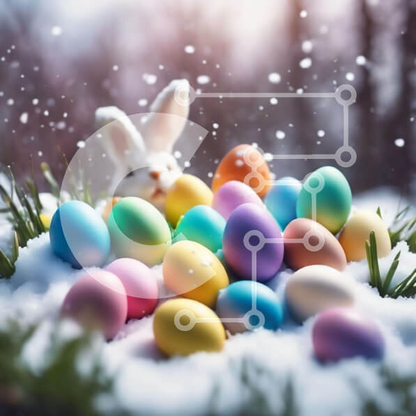 Intra Συλλεκτικό Ξύλινο Παζλ Plywood  4mm - Πολύχρωμο Πασχαλινό λαγουδάκι με τα Πασχαλινά αυγά στο χιόνι Σε Ξύλινο Κουτί - Διαστάσεις: 10x10 cm – 25 κομμάτια