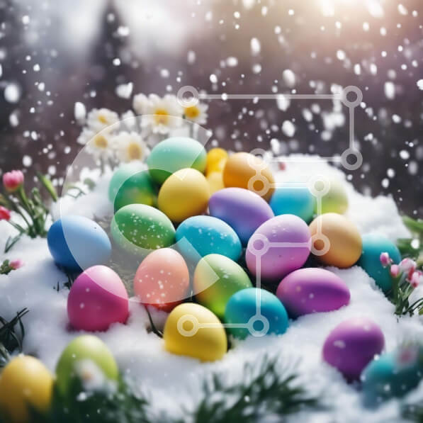 Intra Συλλεκτικό Ξύλινο Παζλ Plywood  4mm - Πολύχρωμα Πασχαλινά αυγά στο χιόνι με λουλούδια και πράσινο Σε Ξύλινο Κουτί - Διαστάσεις: 10x10 cm – 25 κομμάτια