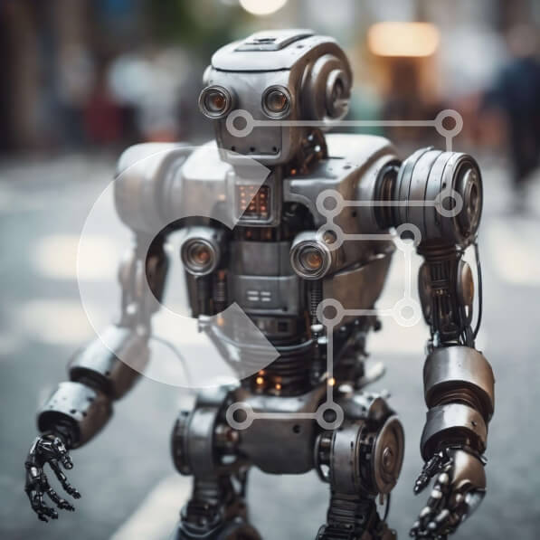 Intra Συλλεκτικό Ξύλινο Παζλ Plywood  4mm - Μοντέρνο ασημένιο ρομπότ στο δρόμο με ανθρώπους Σε Ξύλινο Κουτί - Διαστάσεις Puzzle: 10x10 cm – 25 κομμάτια