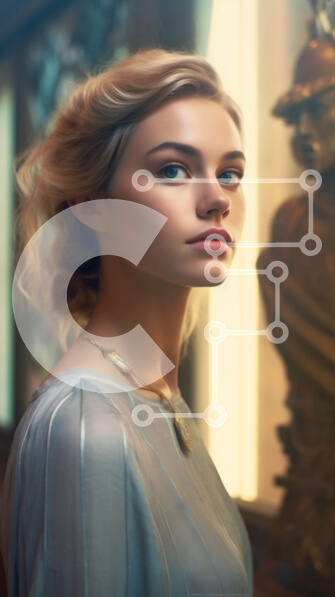 Intra Συλλεκτικό Ξύλινο Παζλ Plywood  4mm - Όμορφη εικόνα μιας γυναίκας που κοιτάζει ένα άγαλμα με μπλε φόρεμα Σε Ξύλινο Κουτί - Διαστάσεις Puzzle: 10x10 cm – 25 κομμάτια