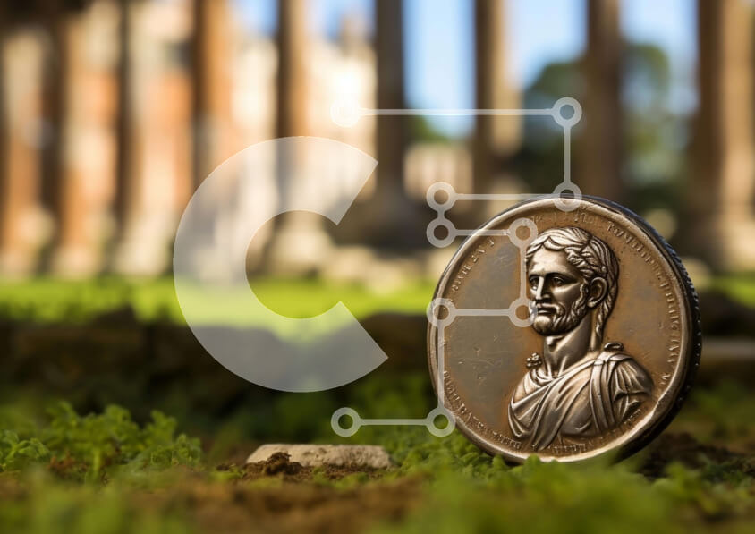 Intra Συλλεκτικό Ξύλινο Παζλ Plywood  4mm - Αρχαίο ρωμαϊκό νόμισμα στο έδαφος μπροστά από πυλώνες και στήλες Σε Ξύλινο Κουτί - Διαστάσεις Puzzle: 10x10 cm – 25 κομμάτια