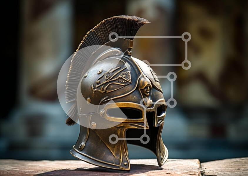 Intra Συλλεκτικό Ξύλινο Παζλ Plywood  4mm - Αρχαίο σπαρτιατικό κράνος σε πέτρινο τραπέζι με στήλες Σε Ξύλινο Κουτί - Διαστάσεις Puzzle: 10x10 cm – 25 κομμάτια