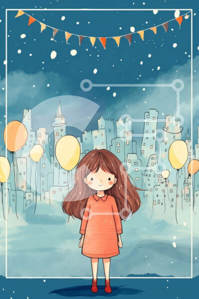 Intra Συλλεκτικό Ξύλινο Παζλ Plywood  4mm - Κορίτσι κινουμένων σχεδίων στη χιονισμένη πόλη με μπαλόνια Σε Ξύλινο Κουτί - Διαστάσεις Puzzle: 10x10 cm – 25 κομμάτια