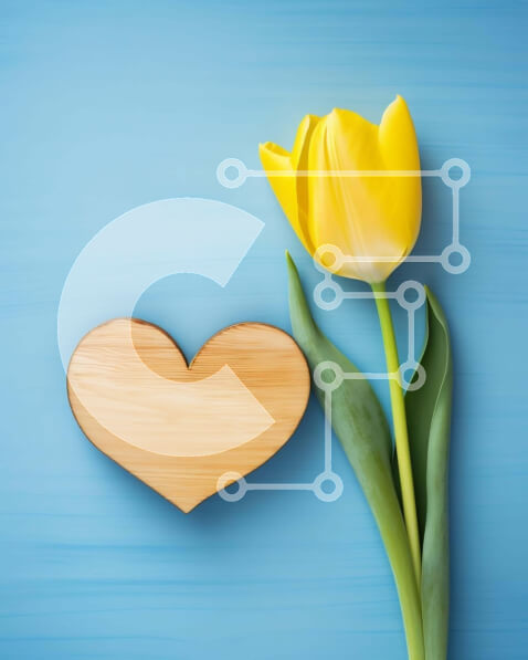 Σετ των 2 Intra Συλλεκτικό Ξύλινο Παζλ Plywood  4mm - Κίτρινη τουλίπα και ξύλινη καρδιά σε μπλε φόντο Σε Ξύλινο Κουτί - Διαστάσεις: 10x10 cm – 25 κομμάτια