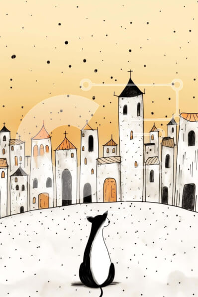 Σετ των 2 Intra Συλλεκτικό Ξύλινο Παζλ Plywood  4mm - Ασπρόμαυρη γάτα στο χιόνι με φόντο το αστικό τοπίο Σε Ξύλινο Κουτί - Διαστάσεις: 10x10 cm – 25 κομμάτια